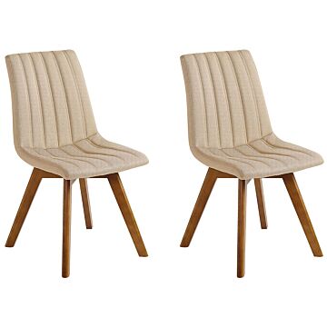 Set Of 2 Chairs Sand Beige Polyester Fabric Dark Solid Wood Legs Vertical Padding Curved Back Beliani