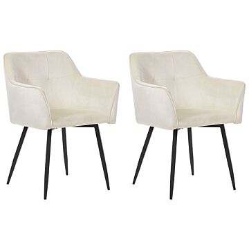Set Of 2 Dining Chairs Cream Beige Velvet Upholstered Seat With Armrests Black Metal Legs Beliani