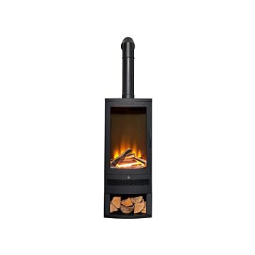 Acantha Horizon Electric Stove With Log Storage & Tall Angled Stove Pipe In Black