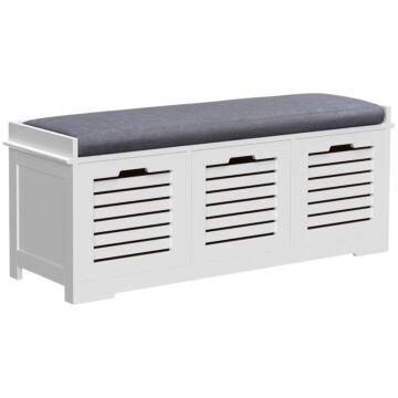 Homcom White Storage Bench With 3 Drawers & Removable Grey Seat Cushion Hallway Organisation Furniture