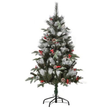 Homcom 4ft Artificial Snow Dipped Christmas Tree Xmas Pencil Tree With Foldable Feet Red Berries White Pinecones, Green