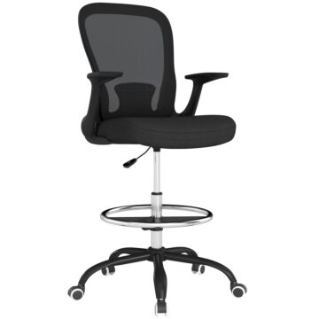 Homcom Draughtsman Chair, Mesh Drafting Chair, Ergonomic Office Chair With Flip-up Armrest, Adjustable Foot Ring, Black