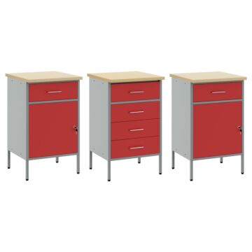 Vidaxl 3-piece Work Cabinet Set In Red And Grey Made Of Engineered Wood And Steel