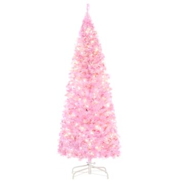 Homcom 5' Tall Prelit Pencil Slim Artificial Christmas Tree With Realistic Branches, 250 Warm White Led Lights And 408 Tips, Xmas Decoration, Pink