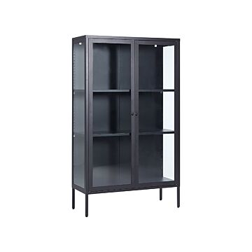 Office Cabinet Black Steel 90 X 35 X 150 Cm Metal 2 Doors Glass Front And Sides Display Beliani
