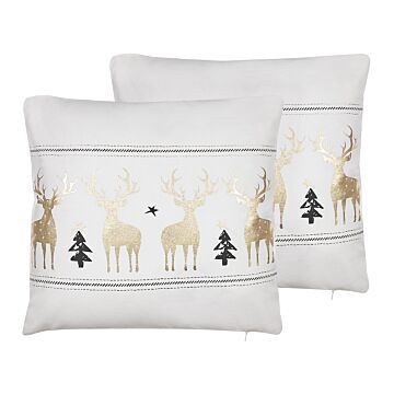Set Of 2 Scatter Cushions Off-white Cotton 45 X 45 Cm Gold Foil Print Reindeer Christmas Beliani