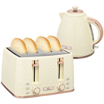 Homcom Kettle And Toaster Set, 1.7l 3000w Fast Boil Jug Kettle With Auto Shut Off, 4 Slice Toaster With 7 Level Browning Controls & Crumb Tray, Beige