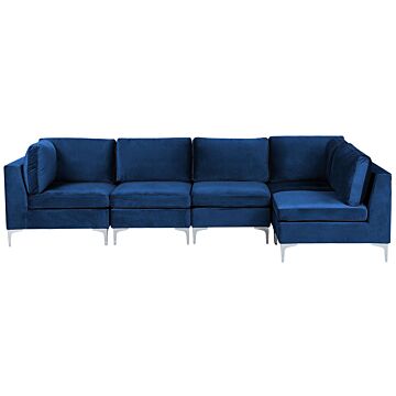Left Hand Modular Corner Sofa Blue Velvet 5 Seater L-shaped Silver Metal Legs Glamour Style Beliani