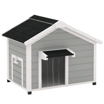 Pawhut Wooden Dog House Outdoor With Openable Roof, Removable Floor, Curtain, Elevated Feet, For Medium Dogs, Light Grey