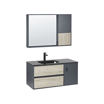 4 Piece Bathroom Furniture Set Grey Mdf 100 Cm Cabinet Ceramic Basin Hanging Cabinet With Mirror Beliani