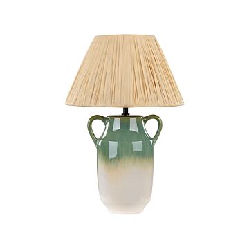 Table Lamp Green And White Ceramic 53 Cm Natural Paper Cone Shade Bedside Living Room Bedroom Lighting Beliani