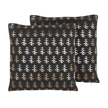 Set Of 2 Cushions Black Cotton 45 X 45 Cm Gold Foil Christmas Tree Pattern With Filling Beliani
