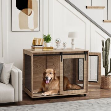 Pawhut Dog Crate Furniture With Sliding Door For Large Dogs, 98 X 60 X 78cm, Walnut Brown