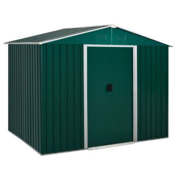 Outsunny 8 X 6 Ft Metal Garden Storage Shed Corrugated Steel Roofed Tool Box With Ventilation And Sliding Doors, Green