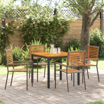 Vidaxl 5 Piece Garden Dining Set Grey Poly Rattan Acacia, Vidaxl Stacking Garden Chairs With Cushions 2 Pcs Grey Poly Rattan, Vidaxl Garden Table 90x90x75 Cm Solid Acacia Wood And Metal
