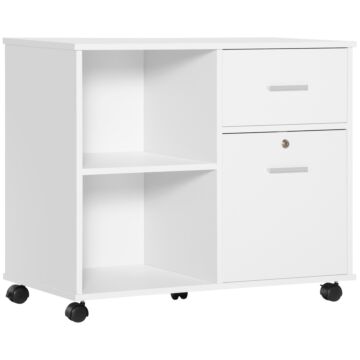 Vinsetto Filing Cabinet With Wheels, Mobile Printer Stand With Open Shelves And Drawers For A4 Size Documents, White