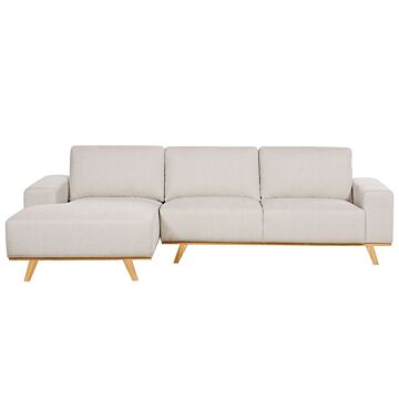 Corner Sofa Beige Upholstery Polyester Fabric Light Wooden Legs Pillow Backrest Modern Design Beliani