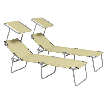 Outsunny Outdoor Foldable Sun Lounger Set Of 2, 4 Level Adjustable Backrest Reclining Sun Lounger Chair With Angle Adjust Sun Shade Awning For Beach, Garden, Patio, Beige