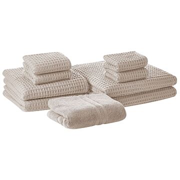 Set Of 9 Towels Beige Cotton Zero Twist Guest Hand Bath Towels And Bath Mat Beliani
