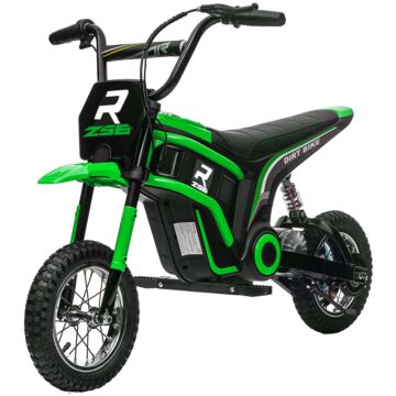 Homcom 24v Electric Motorbike, Dirt Bike With Twist Grip Throttle, Music Horn, 12" Pneumatic Tyres, 16 Km/h Max. Speed, Green