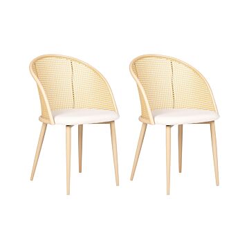 Set Of 2 Accent Dining Chairs Metal Light Wood Effect Frame Beige Fabric Seat Viennese Braid Backrest Retro Seating Beliani