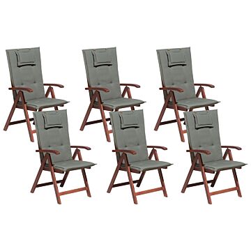 Set Of 6 Garden Chairs Acacia Wood Grey Cushion Adjustable Foldable Outdoor Country Rustic Style Beliani