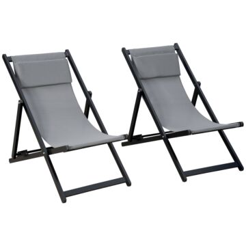 Outsunny Set Of 2 Folding Garden Beach Aluminium Frame Deck Chairs Deckchairs Seaside Folding Garden Patio Lounger, Grey