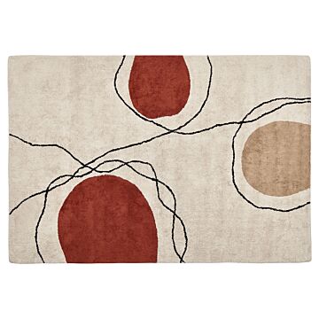 Area Rug Cotton Beige And Red 140 X 200 Cm Abstract Pattern Low Pile Modern Beliani