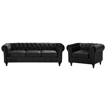 Chesterfield Living Room Set Black Velvet Fabric Upholstery Dark Wood Legs 3 Seater Sofa + Armchair Contemporary Beliani