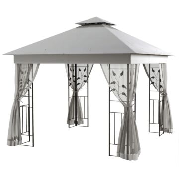 Outsunny 3(m) X 3(m) Double Roof Outdoor Garden Gazebo Canopy Shelter With Netting, Solid Steel Frame, Light Grey