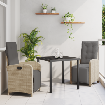 Vidaxl 3 Piece Garden Dining Set With Cushions Beige Poly Rattan, Vidaxl Garden Table Black 80x80x73 Cm Tempered Glass