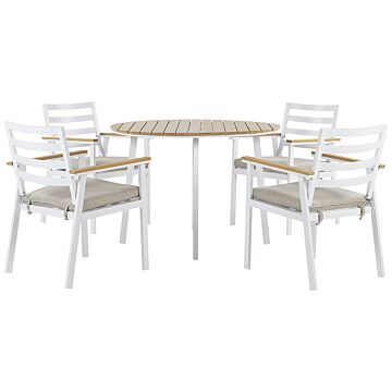 Outdoor Dining Set White Aluminium 4 Seater Round Table 105 Cm Slatted Chairs With Beige Seat Pads Beliani