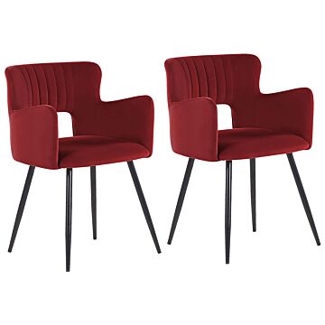 Set Of 2 Chairs Dining Chair Red Velvet With Armrests Cut-out Backrest Black Metal Legs Beliani