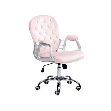 Office Chair Pink Velvet Gas Lift Height Adjustable Crystal Button With Tufted Backrest And Full Swivel Beliani