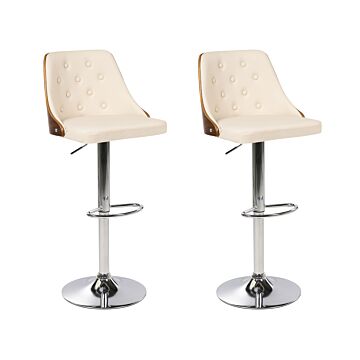 Set Of 2 Bar Stools Beige Faux Leather With Dark Wood Tufted Back Silver Metal Swivel Base With Footrest Gas Lift Height Adjustment Beliani