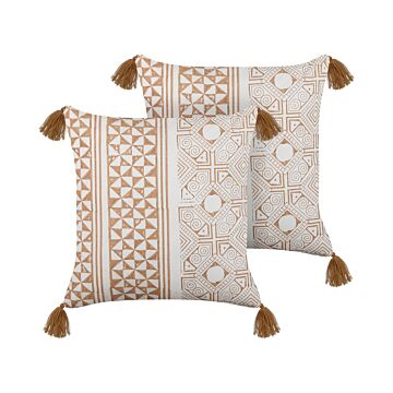 Set Of 2 Scatter Cushions Light Brown And White 45 X 45 Cm Hand Block Print Removable Covers Zipper Aztec Pattern Beliani
