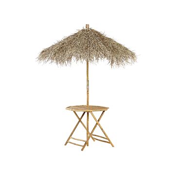 Bamboo Bistro Table With Parasol Natural Wood 85 X 80 Cm Folding Indoor Outdoor Coffee Table Beliani