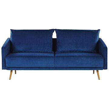 Sofa Navy Blue Velvet 3 Seater Back Cushioned Seat Metal Golden Legs Retro Glam Beliani