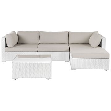 2 Piece Garden Sofa Set White W/ Beige Cushions 5 Seater Corner Coffee Table Beliani