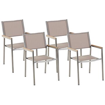 Set Of 4 Garden Dining Chairs Beige And Silver Textile Seat Stainless Steel Legs Stackable Outdoor Resistances Beliani