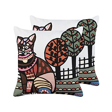 Set Of 2 Scatter Cushions Multicolour Cotton Wool 50 X 50 Cm Cat Motif Handmade Embroidered Removable Cover With Filling Boho Style Beliani