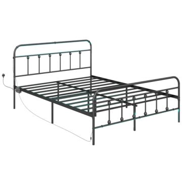 Homcom Double Bed Frame With Led Lights And Charging Station, Metal Platform Bed Frame With Under Bed Storage, Black
