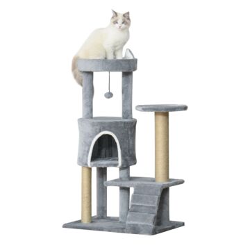 Pawhut 100cm Cat Tree Tower Condo Multi Platform Kitty Cat Center With Climbing Ladder Scratching Post Hanging Toy Ball, Light Grey