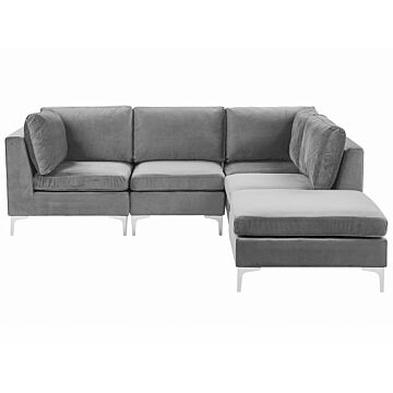 Left Hand Modular Corner Sofa Grey Velvet 4 Seater With Ottoman L-shaped Silver Metal Legs Glamour Style Beliani