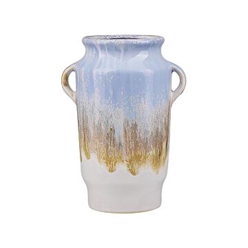 Flower Vase Blue With White Stoneware With Handles Decorative Piece Home Decor Modern Design Beliani
