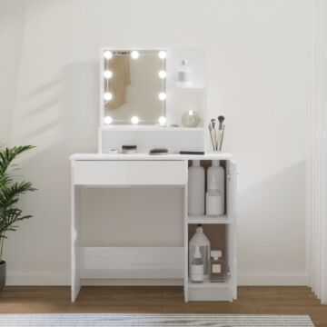 Vidaxl Dressing Table With Led High Gloss White 86.5x35x136 Cm