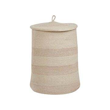 Storage Basket Light Beige And Pink Cotton Striped With Lid Laundry Bin Boho Accessories Beliani