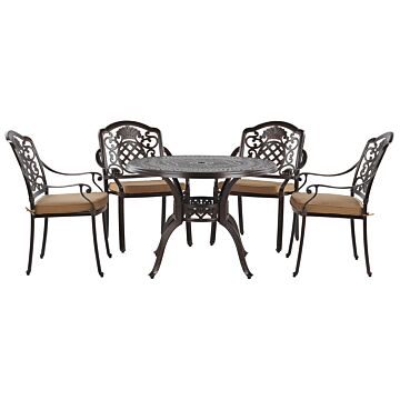 Garden Dining Set Brown Aluminium Outdoor Table 4 Chairs Seat Cushions Retro Style Beliani
