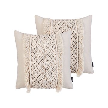 Decorative Cushion Set Of 2 Beige Cotton Macramé 45 X 45 Cm With Tassels Rope Boho Retro Decor Accessories Beliani
