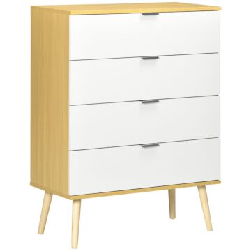 Homcom Chest Of Drawers, 4-drawer Storage Organiser Unit With Pine Wood Legs For Bedroom, Living Room, White And Natural
